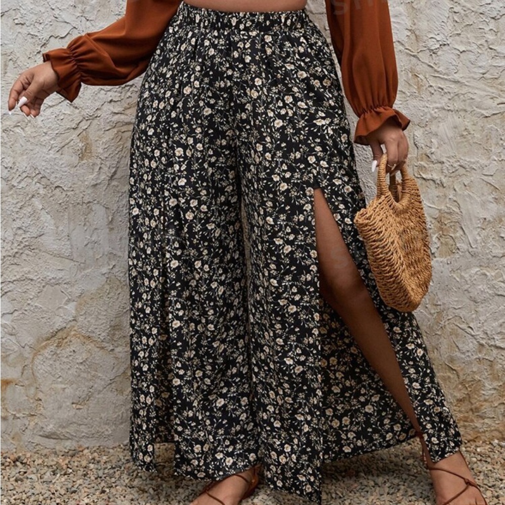 SHEIN 1x flowy slit in both thigh floral shorts underneath wide leg pants.